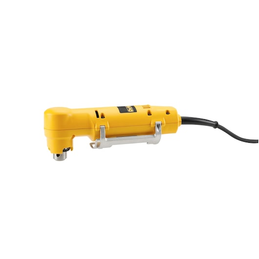 Yellow DEWALT corded right angle drill with metal belt hook and black cable on a white background.