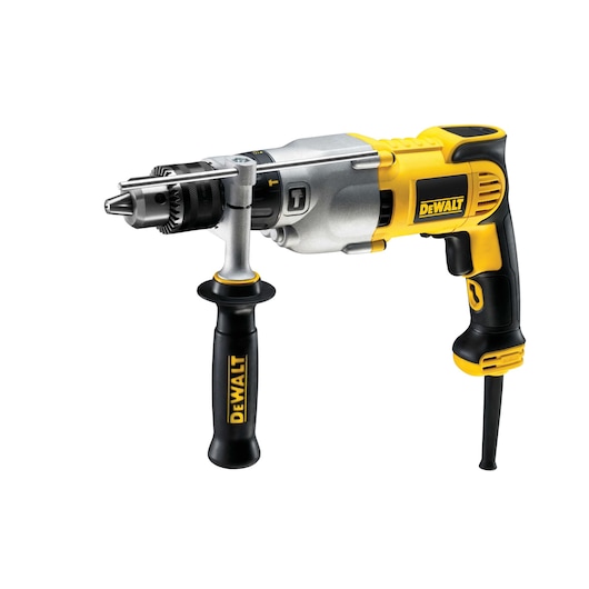 DEWALT corded electric drill with side handle and yellow-black design, placed on white background.