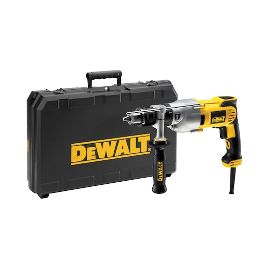 DEWALT corded drill with side handle, shown next to a black carrying case with yellow DEWALT logo.