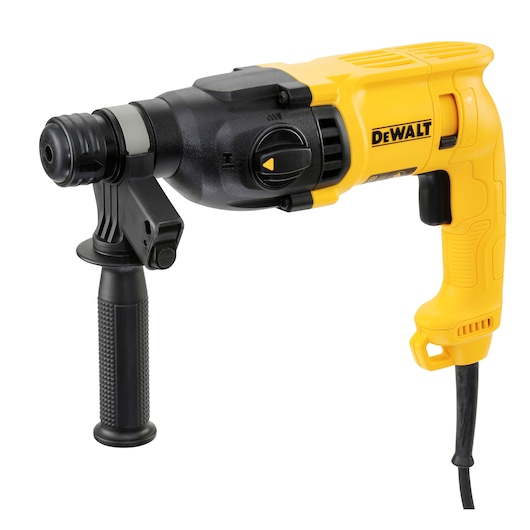 A yellow and black DEWALT electric rotary hammer drill with a side handle, photographed on a white background.