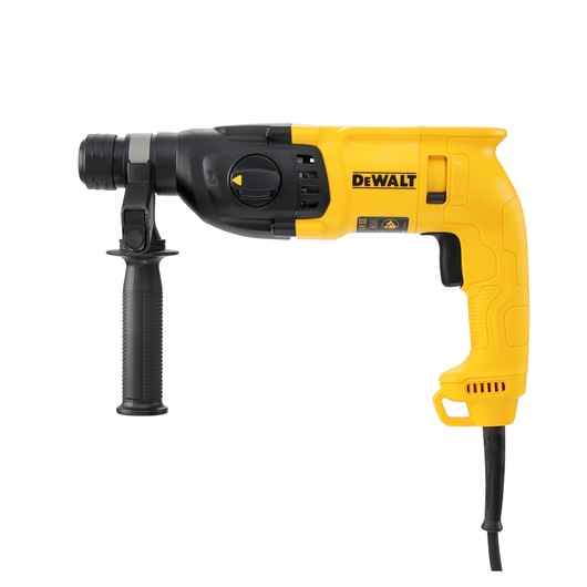 A DEWALT corded rotary hammer drill with a yellow and black body, side handle, and trigger, shown against a white background.