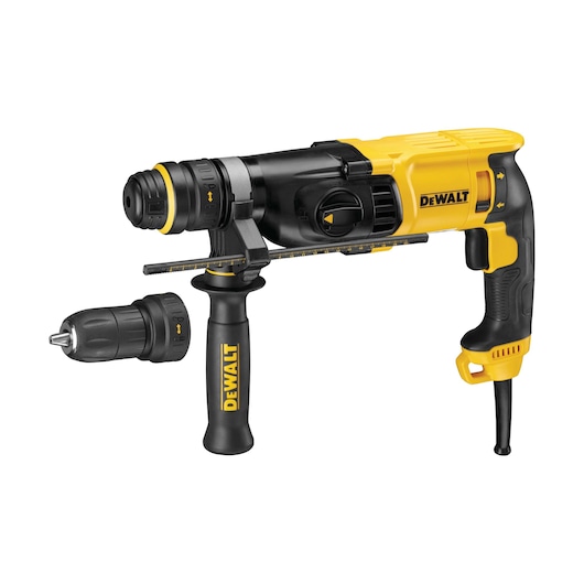 A DEWALT branded yellow and black rotary hammer drill with a side handle, depth rod, and an interchangeable drill chuck attachment.