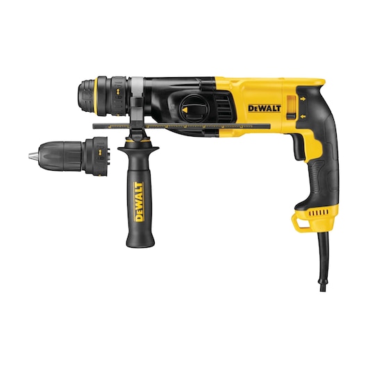 A yellow and black DEWALT corded rotary hammer drill with a side handle and detachable chuck, displayed against a white background.