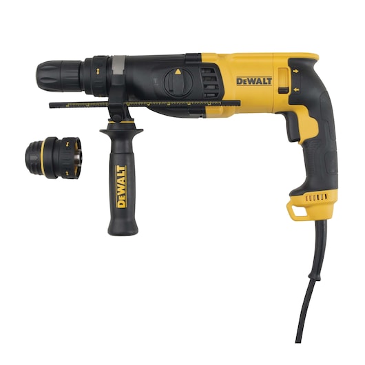 A yellow and black DEWALT corded rotary hammer drill with a side handle and depth gauge, shown alongside an additional interchangeable chuck attachment.