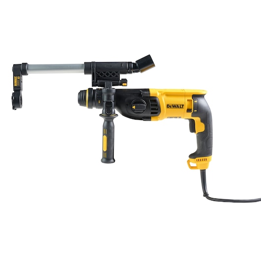 DEWALT D25134K corded rotary hammer drill with side handle and dust extractor attachment.