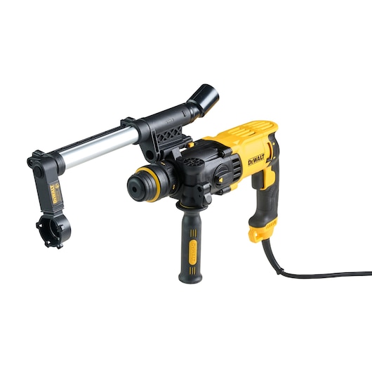 DEWALT corded rotary hammer drill with auxiliary handle and dust extraction attachment.
