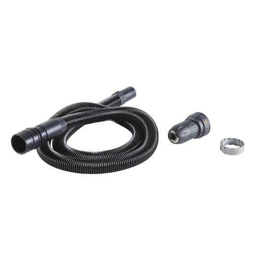 Black flexible hose and two attachments for DEWALT tools, shown against a white background.