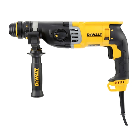 A DEWALT corded electric rotary hammer drill in black and yellow with a side handle, shown in profile view.