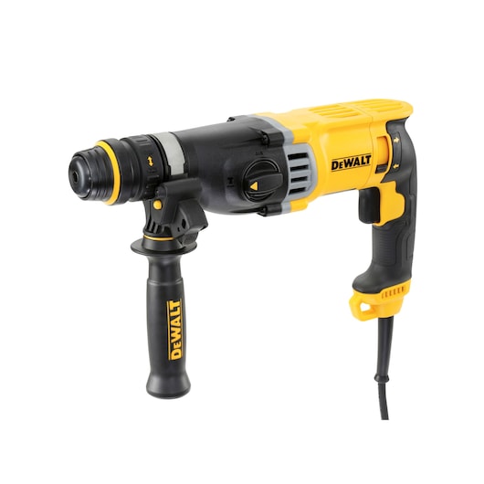 A DEWALT D25144K rotary hammer drill with a side handle, corded, shown in black and yellow.