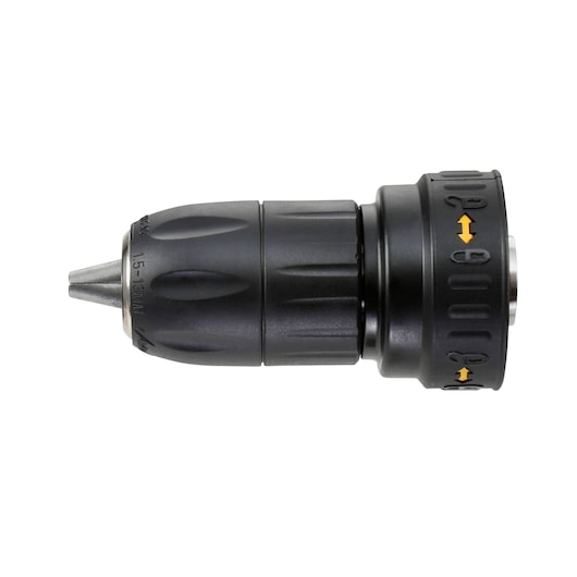 Close-up of a DEWALT drill chuck attachment with adjustment markings and a black finish.