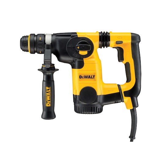 A DEWALT branded yellow and black rotary hammer drill with a side handle and power cord, model D25324K, shown against a white background.