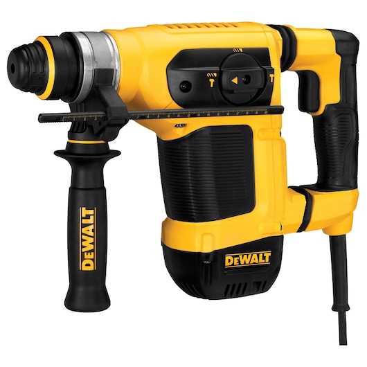A yellow and black DEWALT corded rotary hammer drill with a side handle and depth gauge, model D25413K, shown against a white background.