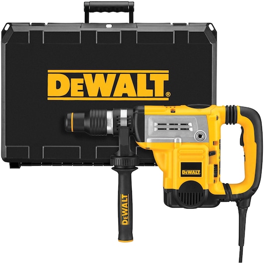 DEWALT rotary hammer drill D25603K with black carrying case behind, both featuring DEWALT logo.