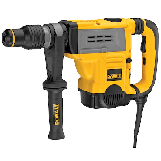DEWALT yellow and black rotary hammer drill with side handle and cord, model D25603K.