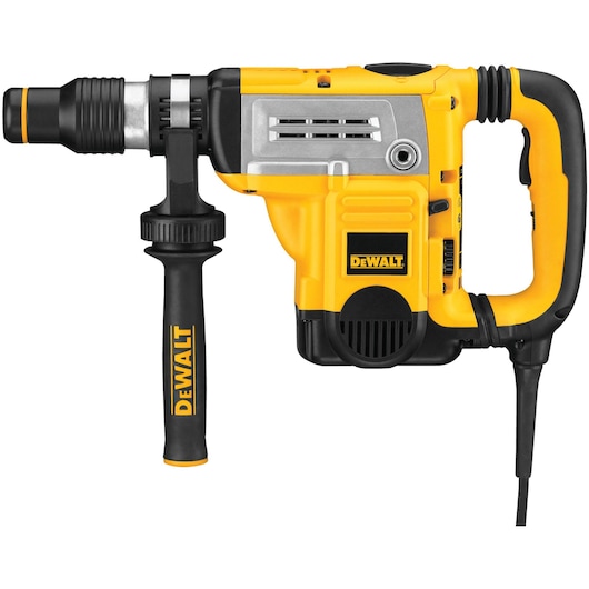 Yellow and black DEWALT rotary hammer drill with side handle and cord, seen from the side.