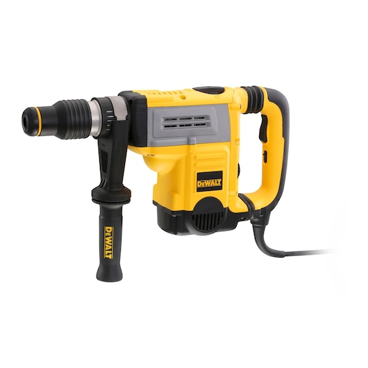 A DEWALT corded rotary hammer drill with a yellow and black body, side handle, and power cable, positioned against a white background.