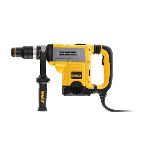 Yellow and black DEWALT corded rotary hammer drill with side handle, shown against a white background.