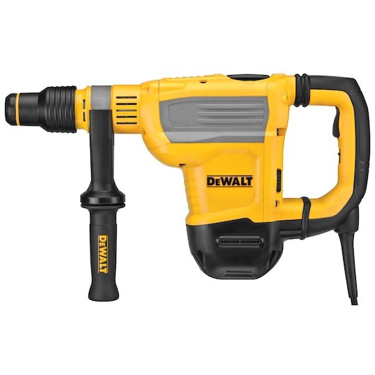 A DEWALT yellow and black electric rotary hammer drill with a side handle, shown against a white background.