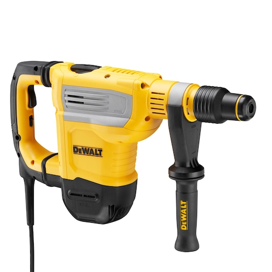 A DEWALT corded rotary hammer drill featuring a yellow and black body, side handle, and SDS-compatible chuck. The product is designed for heavy-duty construction and drilling tasks.