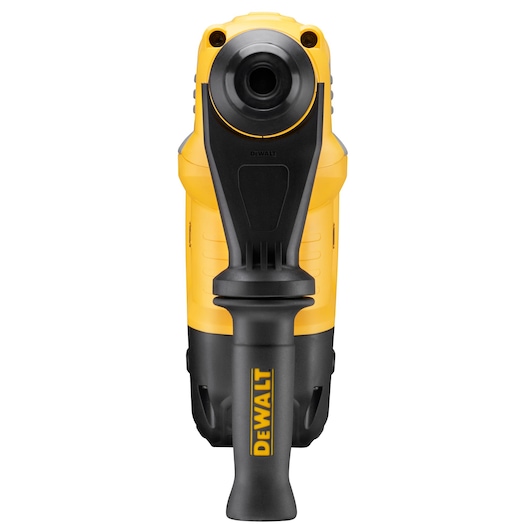 Front view of a DEWALT D25614K rotary hammer drill in yellow and black color with the DEWALT logo visible on the handle.