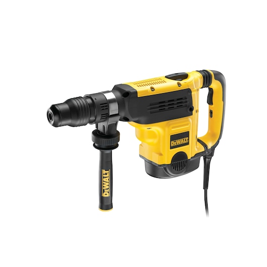 A DEWALT D25721K corded rotary hammer drill with a yellow and black body, side handle, and power cord, photographed against a white background.
