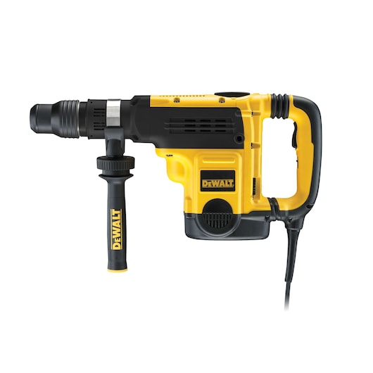A DEWALT branded yellow and black electric rotary hammer drill with a side handle and cord, shown from the side against a white background.