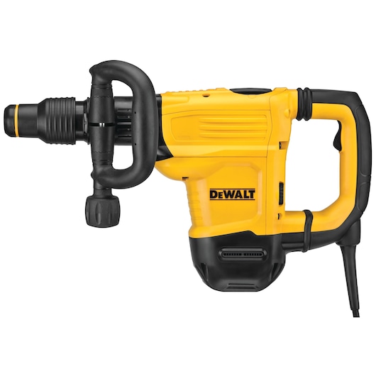 A yellow and black DEWALT demolition hammer with a side handle, shown on a white background.