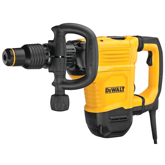 A DEWALT electric demolition hammer with a yellow body and black handles, featuring a power cord and robust construction.