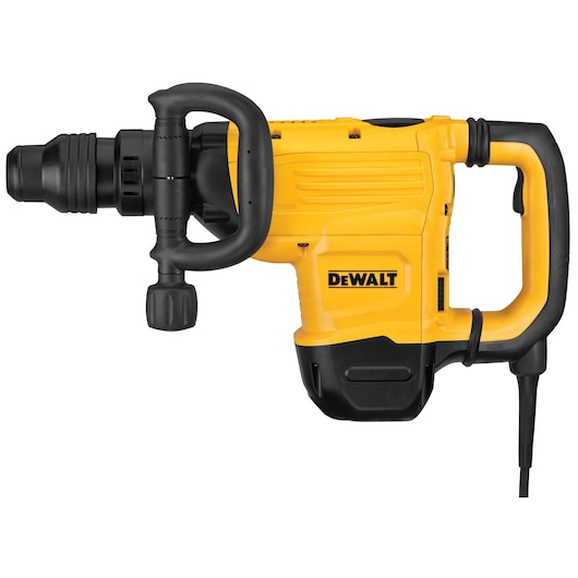 A yellow and black DEWALT electric demolition hammer with a side handle and a sturdy body, suitable for heavy-duty construction tasks.