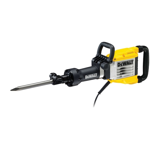 DEWALT electric demolition hammer with handles and pointed chisel, shown on a white background.