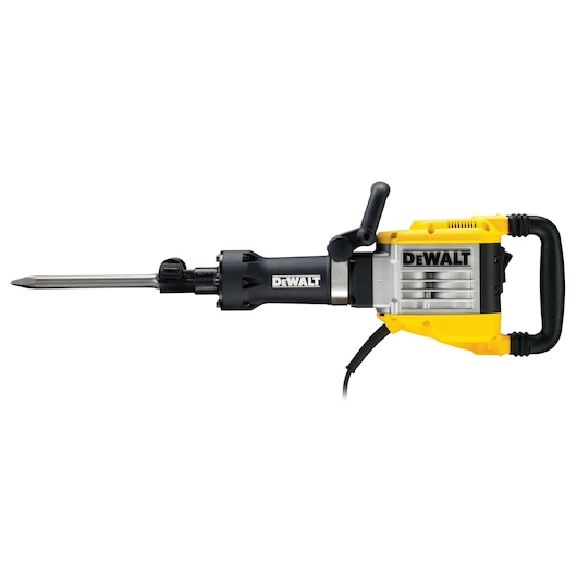 DEWALT D25961K electric demolition hammer with a long pointed chisel, yellow and black body, side handle.
