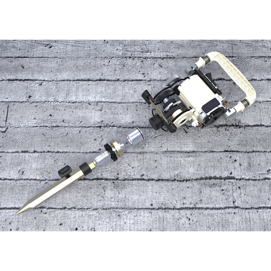 A DEWALT industrial tool featuring a metallic pointed blade, mechanical gears, and a handle, placed on a concrete surface.
