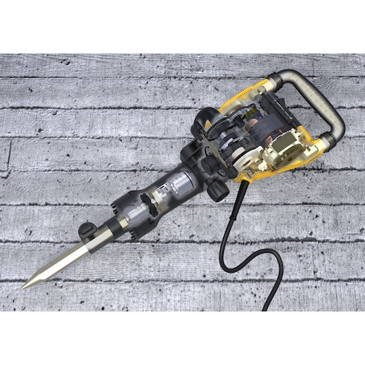 Cutaway view of a DEWALT D25961K demolition hammer showing internal mechanical components, displayed against a textured concrete background.