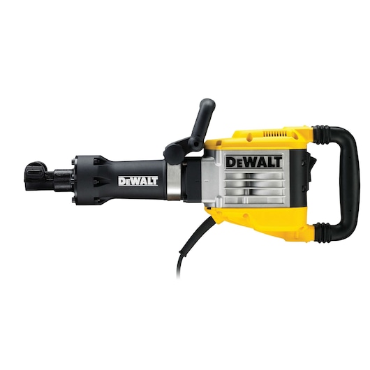 DEWALT electric demolition hammer with black and yellow body and handle, used for breaking concrete surfaces.