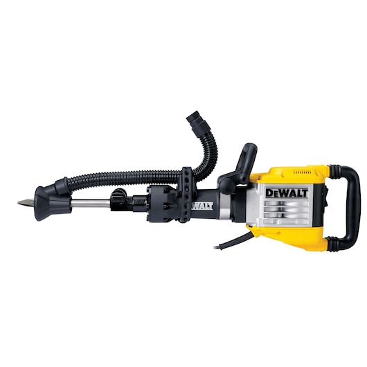 DEWALT D25961K demolition hammer with yellow body and attached vacuum tube, shown on white background.