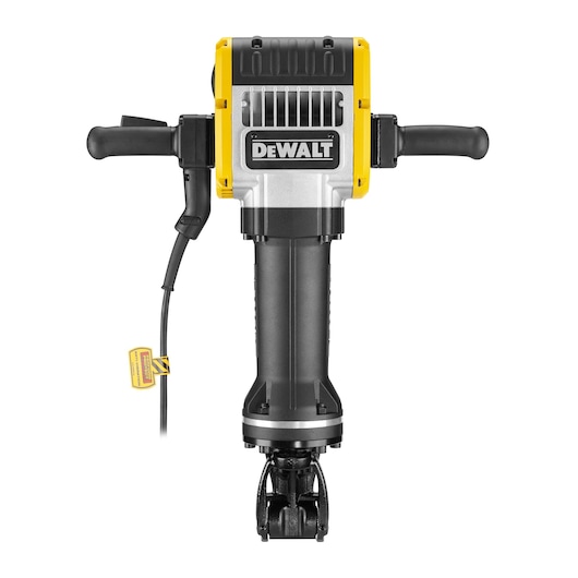 Front view of a DEWALT electric jackhammer with handles and cord, designed for heavy-duty construction work.