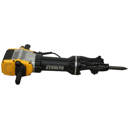 DEWALT electric demolition hammer with pointed chisel, black and yellow, cord attached. Side handles visible.