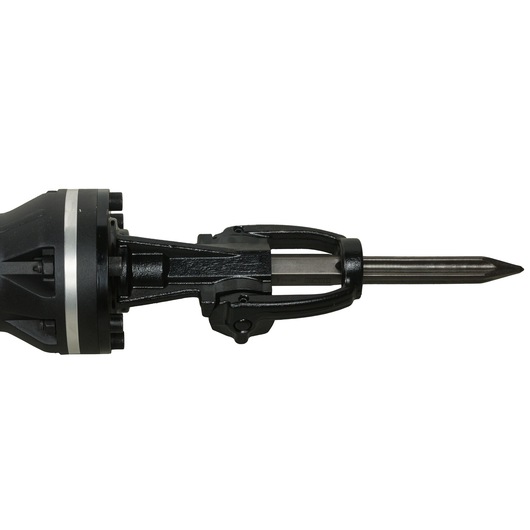 Close-up of a DEWALT demolition hammer bit with a pointed tip and metal casing, isolated on a white background.