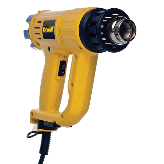 DEWALT heat gun, product photography. SKUs D26411, D26411-QS visible. Yellow tool with black accents.