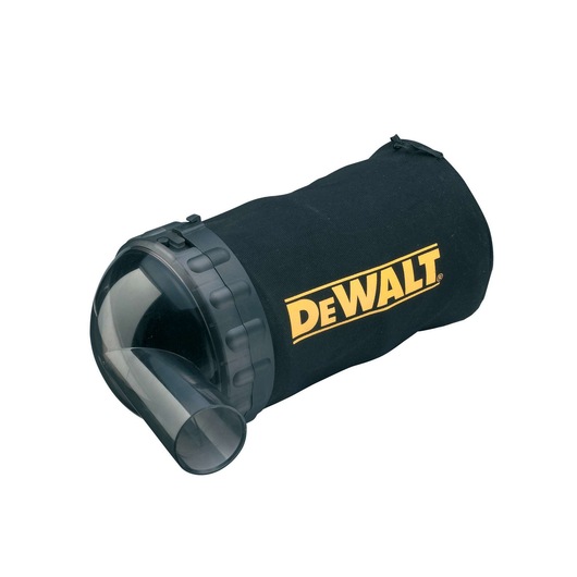DEWALT dust bag for photography, SKUs D26500, D26500-QS. Black fabric with yellow logo, plastic nozzle.