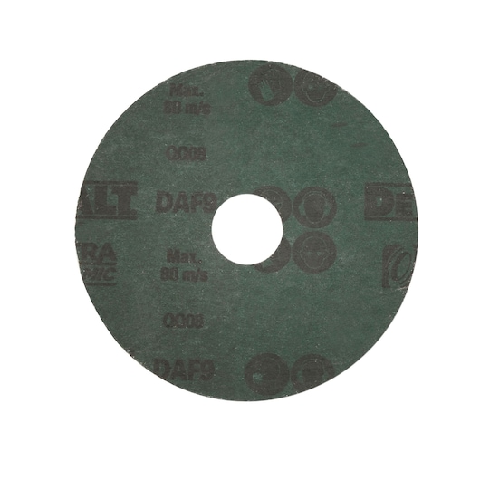 A green DEWALT abrasive cut-off wheel with a central hole, suitable for use in cutting tools. Includes product markings and specifications printed on the surface.