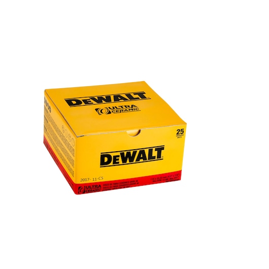 Yellow DEWALT Ultra Ceramic box with 25 units, used for industrial products. Red and black branding on front.