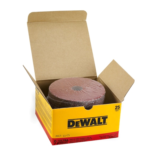Open DEWALT box containing a stack of round abrasive discs, packaged and ready for use in industrial applications.