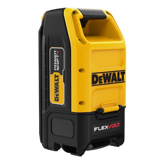 DEWALT FLEXVOLT Power Shift device in yellow and black with handle, used for photography power supply.