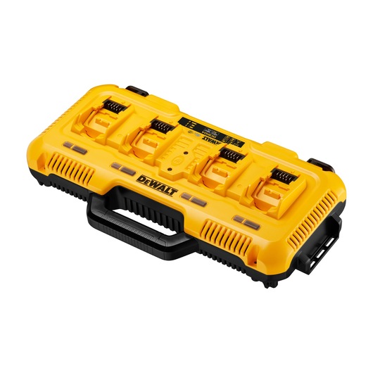 DEWALT DCB104 yellow multi-port battery charger with handle, shown against a white background.