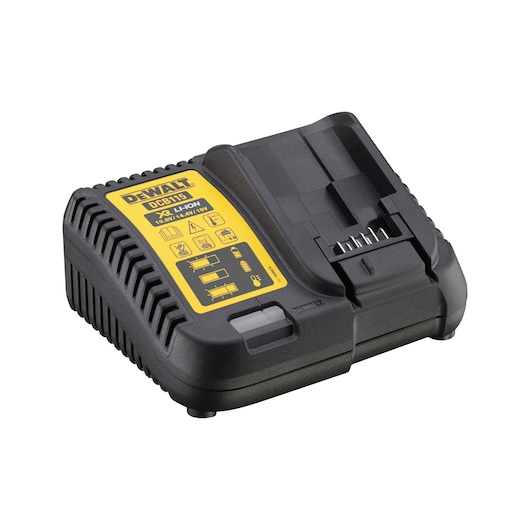 DEWALT DCB115 battery charger for 10.8V, 14.4V, 18V lithium-ion power tool batteries, black and yellow color.