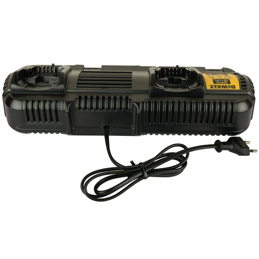 DEWALT DCB132 dual battery charger with power cord for charging tool batteries, shown from above.