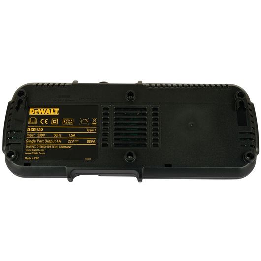 Back view of a DEWALT DCB132 black battery charger with labels and ventilation grille.