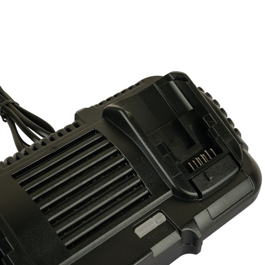 Close-up of a DEWALT DCB132 battery charger with cable, showing charging slot and connector pins.