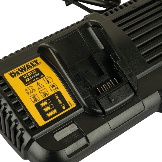 Close-up of a DEWALT DCB132 battery charger for XR Li-Ion batteries, showing its connector and indicator label.